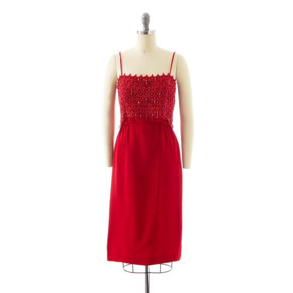 Vintage 1960s Cocktail Dress 60s Beaded Rhinestone Lace Red Sheath Wiggle Party - Picture 2 of 10